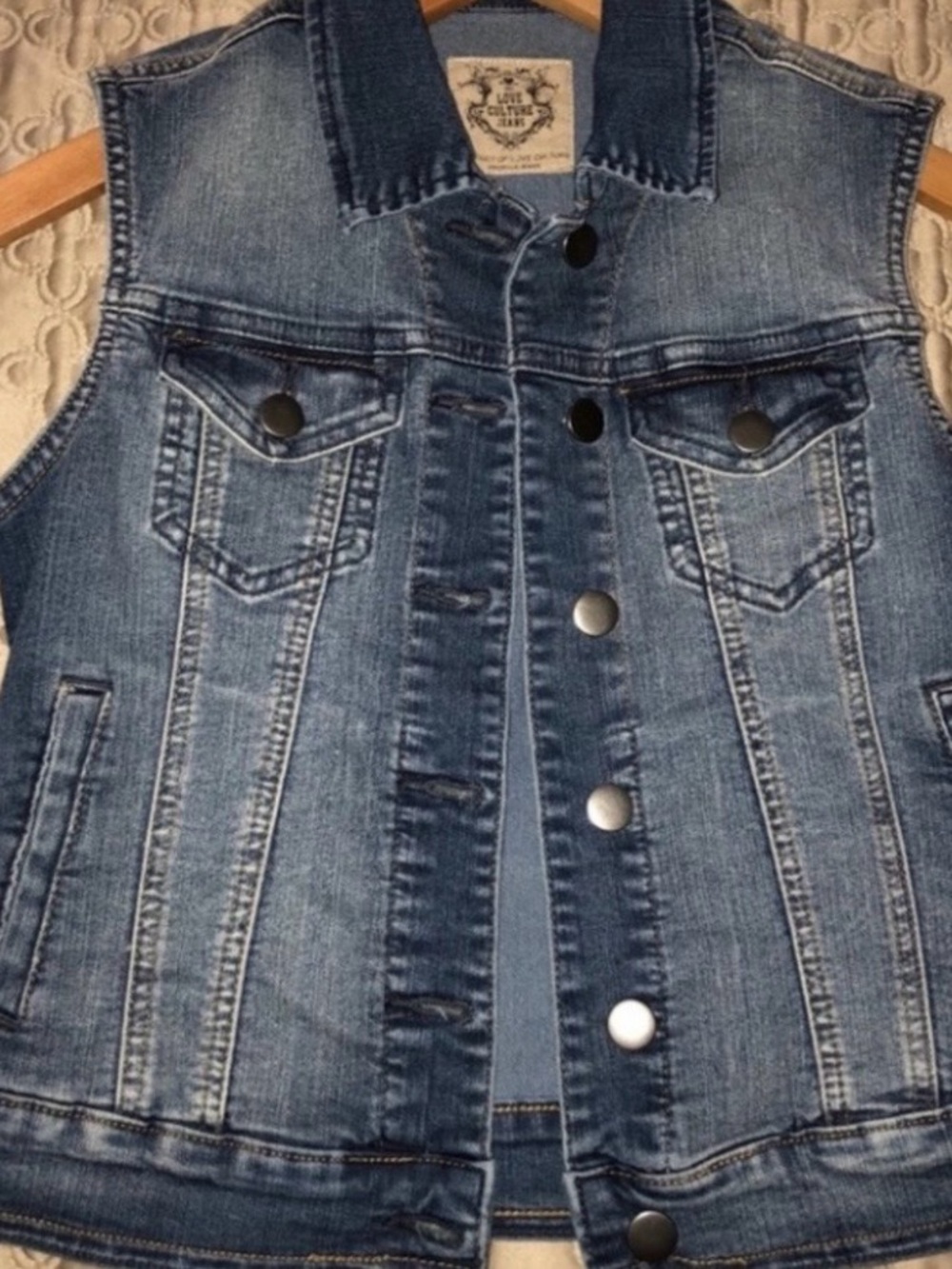 Love Culture Sleeveless Denim Vest in Washed Blue